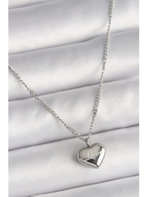 Pileli Store 316L Çelik Gümüş Renk Zincir Love Işleme Kalp Figür Kadın Kolye