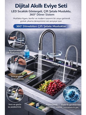 Pileli Store Dijital Akıllı Eviye Seti – LED Isı Göstergeli, Çift Şelale Musluk, 360° Döner, Hidroelekt