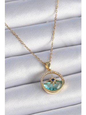 Pileli Store 316L Çelik Zincir Gold Renk Zirkon Taşlı Deniz Görünüm Kutup Yıldız Model Kadın Kolye
