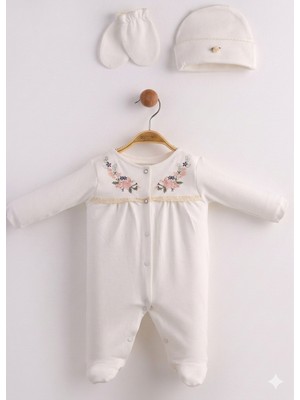 Lenna Baby Yenidoğan Kız Bebek Hastane Çıkışı 3'lü Set Çiçek Nakışlı Pamuklu Tulum Takımı