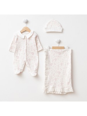 Lenna Baby Yenidoğan Kız Bebek Hastane Çıkışı Kendinden Eldivenli Safari Desenli Battaniyeli Tulum Seti