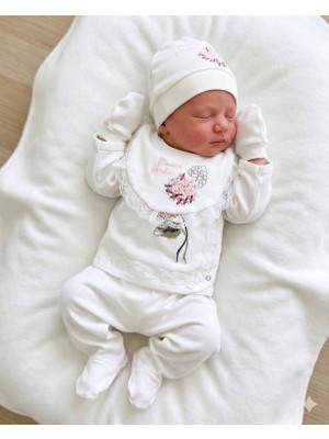 Lenna Baby Yenidoğan Kız Bebek Hastane Çıkışı 5'li Set Çiçek Nakışlı Pamuklu Bebek Takım