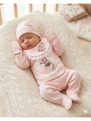 Lenna Baby Yenidoğan Kız Bebek Hastane Çıkışı 5'li Set Çiçek Nakışlı Pamuklu Bebek Takım