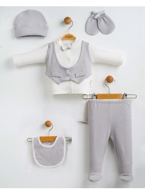 Lenna Baby 5’li Yenidoğan Erkek Bebek Hastane Çıkışı Smokin Takım Papyonlu Bebek Seti Gri