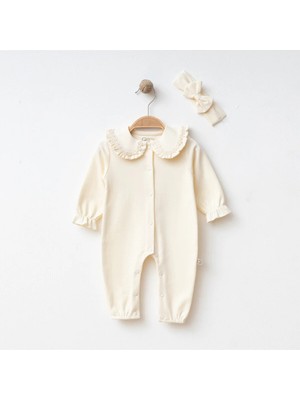 Lenna Baby Kız Bebek Papatya Yaka Dantelli Tulum ve Fiyonklu Bandana Çiçek Işlemeli Bebe Yakalı %100 Pamuk