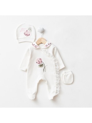 Lenna Baby Yenidoğan Kız Bebek Hastane Çıkışı 3'lü Set Çiçek Nakışlı Pamuklu Tulum Takımı