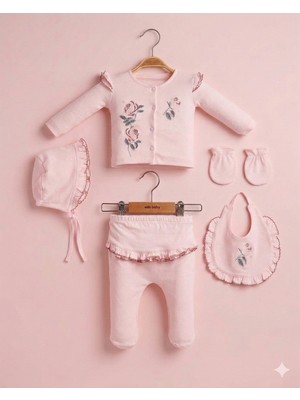 Lenna Baby Yenidoğan Kız Bebek Hastane Çıkışı 5'li Set Gül Nakışlı Pamuklu Bebek Takımı Pembe