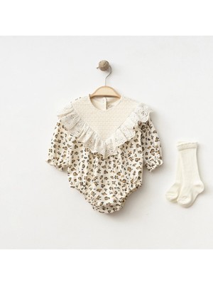 Lenna Baby Dantel Yakalı Leopar Desenli Kız Bebek Tulum & Çorap Seti Romper | %100 Pamuk Uzun Kollu Bebe Body