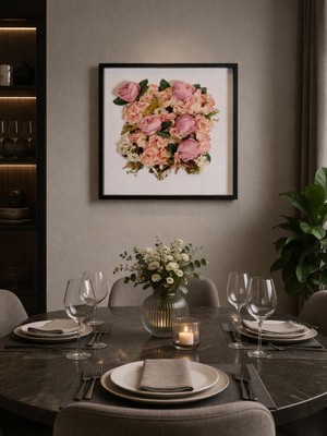 Deslorsque 50X50 cm Lüks Aranjman 3D Çiçek Tablo - Siyah Çerçeveli Premium Duvar Sanatı Solmayan Çiçek