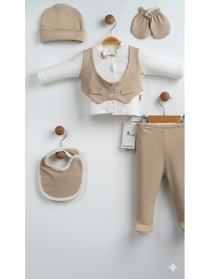Lenna Baby 5’li Yenidoğan Erkek Bebek Hastane Çıkışı Smokin Takım Papyonlu Bebek Seti Sütlü Kahve