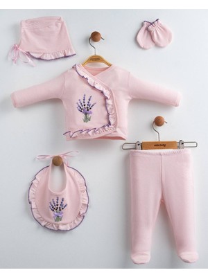 Lenna Baby Yenidoğan Kız Bebek Hastane Çıkışı 5'li Set Lavanta Nakışlı Pamuklu Bebek Takımı