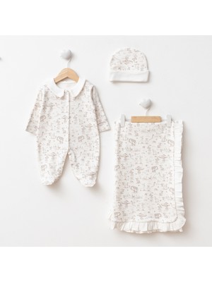 Lenna Baby Yenidoğan Erkek Bebek Hastane Çıkışı Battaniyeli Safari Desenli Kendinden Eldivenli Tulum Seti