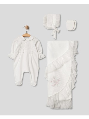 Lenna Baby Tül-Çiçek Detaylı 4'li Yenidoğan Kız Bebek Hastane Çıkışı %100 Pamuk Sertifikalı