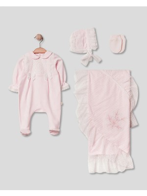 Lenna Baby Tül-Çiçek Detaylı 4'li Yenidoğan Kız Bebek Hastane Çıkışı %100 Pamuk Oeko Tex Sertifikalı