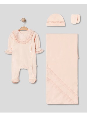 Lenna Baby Somon Brodeli Detaylı 4'lü Yenidoğan Kız Bebek Hastane Çıkışı %100 Pamuk