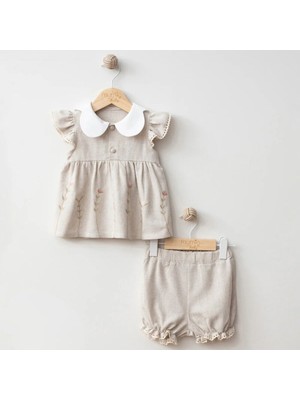 Mymio 4236MY Kız Bebek Nakışlı Keten Ikili Şortlu Takım