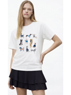 Quzu Köpek Figürlü Oversize Tişört Ekru