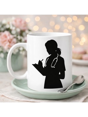 Hemşire Temalı Porselen Kupa Model 172– Stetoskoplu Kadın Sağlık Çalışanı Tasarımlı Kah