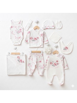 Lenna Baby %100 Pamuk 10’lu Yenidoğan Kız Bebek Hastane Çıkışı Seti Çiçek Desenli Mevlüt Takımı Ekru