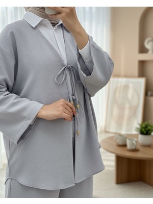 Modamorfo Önü Çift Bağlamalı Pantolonlu Kimono Takım    -Gri