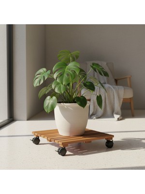 Tekerlekli Saksı ve Damacana Altlığı - Masif Teak - 50X50 cm - Frenli