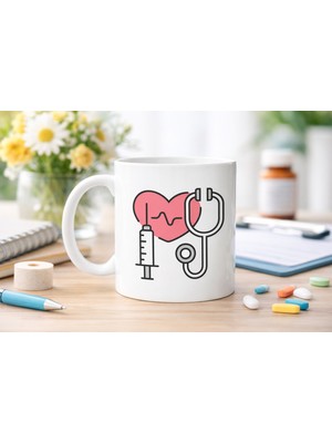 Sağlık Temalı Porselen Kupa Model 170 – Stetoskop Kalp ve Şırınga Tasarımlı Kahve Kupası