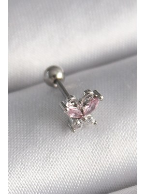 Inure Jewelry 316L Çelik Gümüş Renk Pembe Zirkon Taşlı Kelebek Tragus Piercing