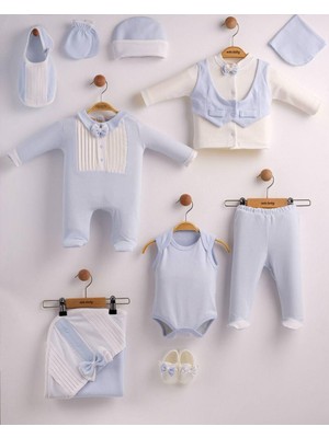 Lenna Baby %100 Pamuk 10'lu Yenidoğan Erkek Bebek Hastane Çıkışı Seti Smokin Papyonlu Lüks Nervürlü Mavi