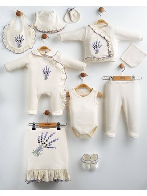 Lenna Baby %100 Pamuk 10'lu Yenidoğan Kız Bebek Hastane Çıkışı Seti Lavanta Nakışlı Ekru Bebek Hastane Seti