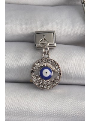 Pileli Store 316L Çelik Gümüş Renk Sallantı Zirkon Taşlı Göz Model Nazar Boncuk Detay Nomination Charm