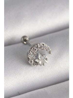 Inure Jewelry 316L Çelik Gümüş Renk Zirkon Taşlı Ay Yıldız Tragus Piercing