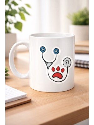 Veteriner Temalı Porselen Kupa Model 178 – Patili Stetoskop Tasarımlı Kahve Kupası – Veterin