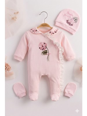 Lenna Baby Yenidoğan Kız Bebek Hastane Çıkışı 3'lü Set Ortanca Çiçek Nakışlı Pamuklu Tulum Takımı