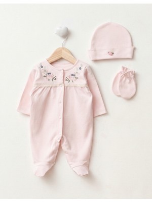 Lenna Baby Yenidoğan Kız Bebek Hastane Çıkışı 3'lü Set Çiçek Nakışlı Pamuklu Tulum Takımı