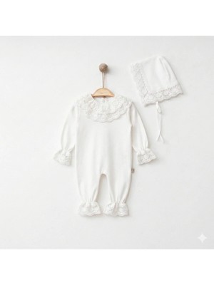 Lenna Baby Dantelli Kız Bebek Tulumu Şapkalı Hastane Çıkışı Dantel Işlemeli Hediyelik Mevlüt Kıyafeti