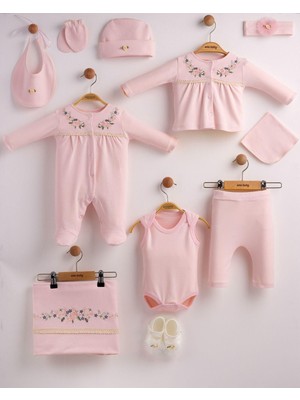 Lenna Baby %100 Pamuk 10’lu Yenidoğan Kız Bebek Hastane Çıkışı Seti Çiçek Nakışlı Ekru Bandana Hediyeli