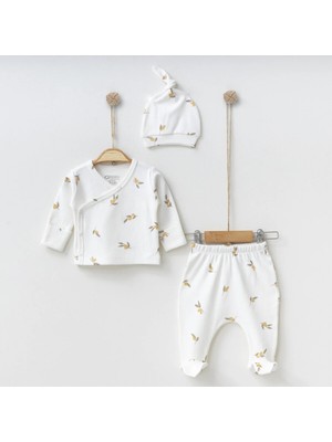 Lenna Baby Zeytin Baskılı 3'lü Hastane Çıkışı Unisex Kendinden Eldivenli %100 Pamuk Uyku & Günlük Tulum