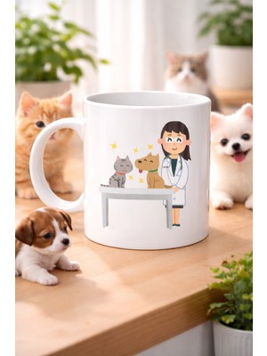 Veteriner Temalı Porselen Kupa Model 179 – Kedi ve Köpekli Sevimli Veteriner Tasarımlı Kahve K
