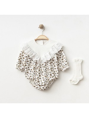 Lenna Baby Dantel Yakalı Leopar Desenli Kız Bebek Tulum & Çorap Seti Romper | %100 Pamuk Uzun Kollu Bebe Body