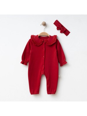 Lenna Baby Kız Bebek Papatya Yaka Dantelli Tulum ve Fiyonklu Bandana Çiçek Işlemeli Bebe Yakalı %100 Pamuk
