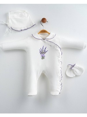 Lenna Baby Yenidoğan Kız Bebek Hastane Çıkışı 3'lü Set Lavanta Nakışlı Pamuklu Tulum Takımı