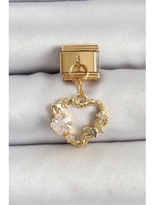 Inure Jewelry 316L Çelik Sallantılı Zirkon Taşlı Kalp Model Gold Renk Nomination Charm