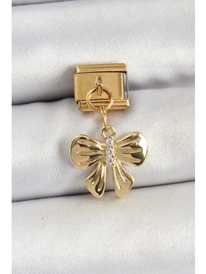 Inure Jewelry 316L Çelik Sallantılı Zirkon Taşlı Fiyonk Model Gold Renk Nomination Charm