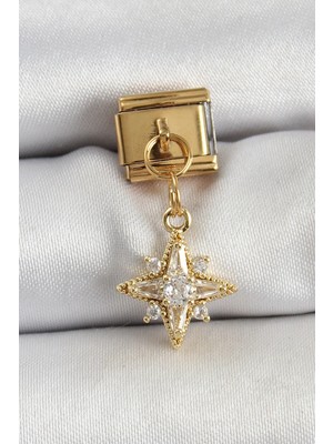 Inure Jewelry 316L Çelik Sallantılı Zirkon Taşlı Kutup Yıldızı Model Gold Renk Nomination Charm