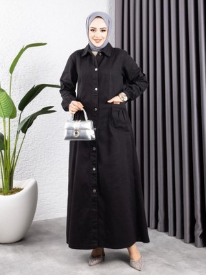 Modamorfo Torba Cepli Metal Düğmeli Uzun Kot Kap  -Siyah