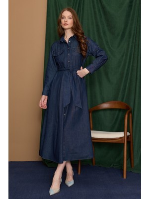 FullaModa Fullamodest Kuşaklı Düğmeli Maxi Boy Elbise