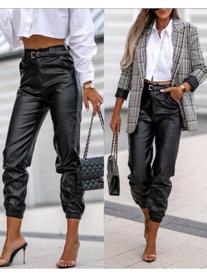 Amara Boutique Kadın Pantolon Paçası Lastikli Deri Pantolon (Kemersiz)