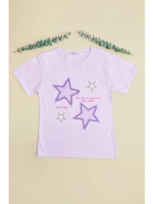 FullaModa Yıldız Baskılı Bisiklet Yaka Kız Çocuk Tişört