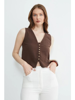 FullaModa Düğmeli V Yaka Müslin Kumaş Yelek