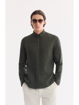 AVVA Erkek Koyu Yeşili %100 Keten Düğmeli Yaka Comfort Fit Gömlek B002191